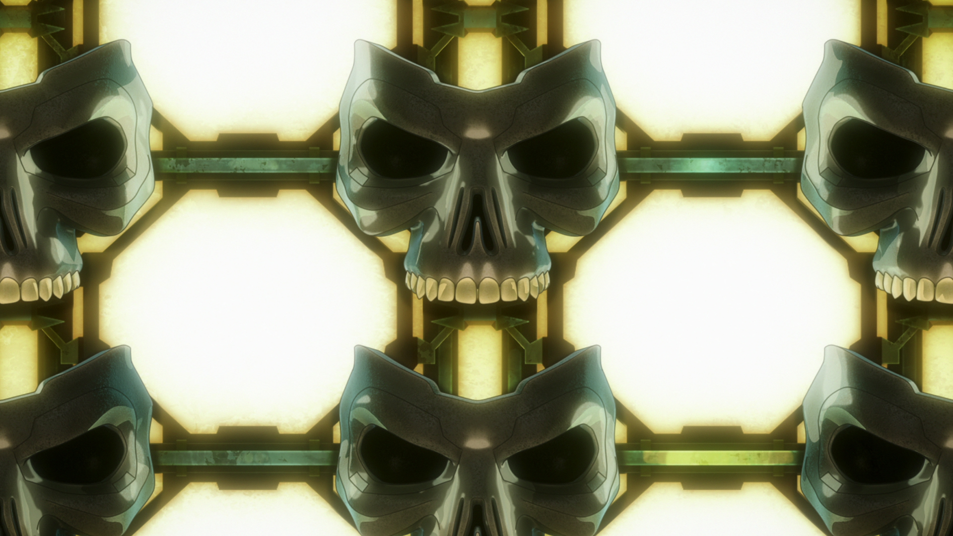 An assembly line of metal, skull-like faceplates on an illuminated background in Terminator Zero. 
