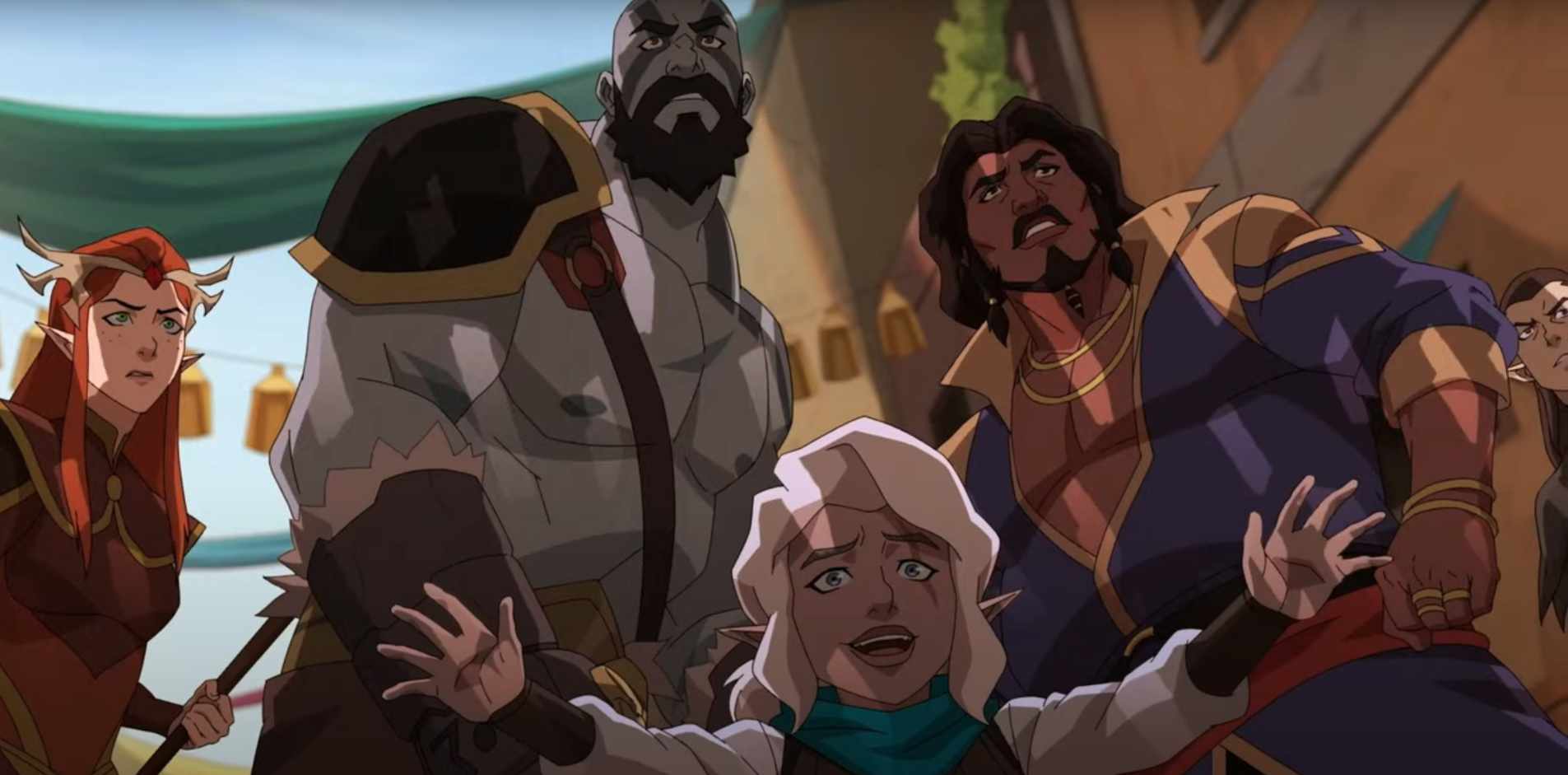 Pike, a tiny blonde gnome, tries to dissuade someone from attacking . Behind her is Grog, a grey-skinned Goliath. Keyleth, a redhaired druid, stands to the left, with Gilmore, a fabulous wizard in purple robes, on the right.