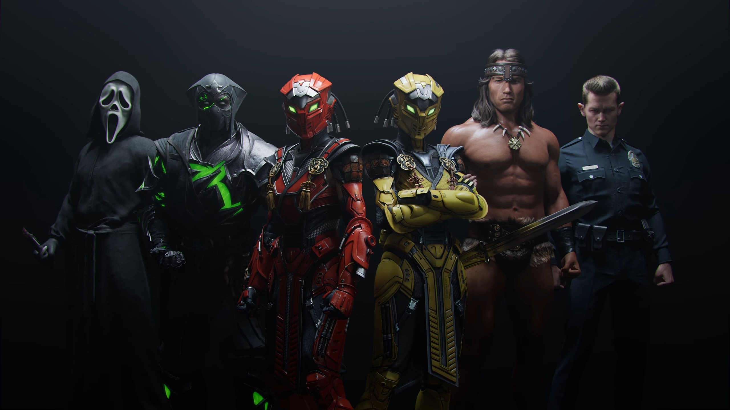 Ghostface, Noob Saibot, Sektor, Cyrax, Conan the Barbarian, and the Terminator T-1000 stand side by side in a still from the Mortal Kombat 1: Khaos Reigns trailer
