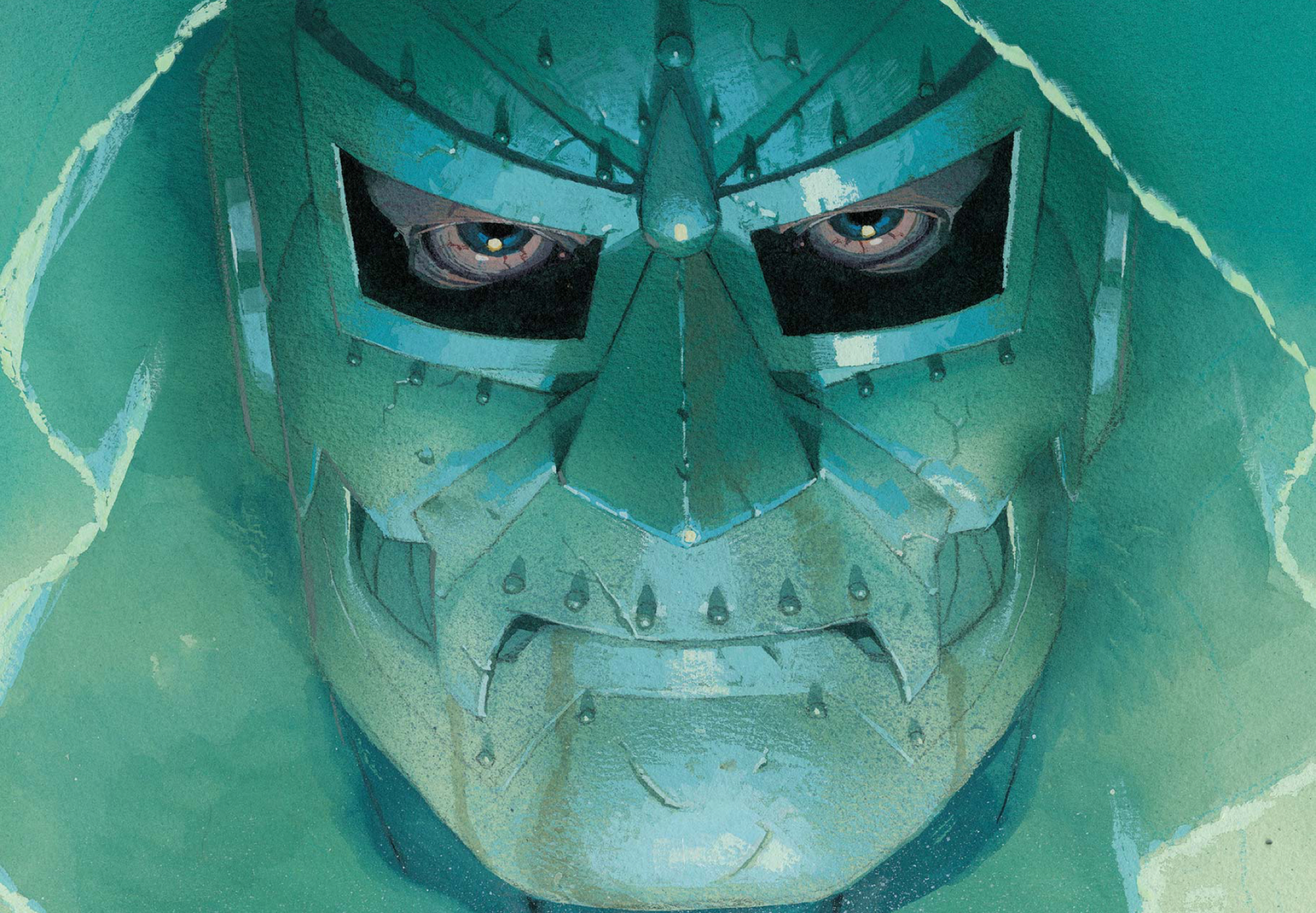 The face of Doctor Doom: Bloodshot eyes stare out of his disapproving iron mask, awash in green light, on the cover of Fantastic Four #6 (2019). 