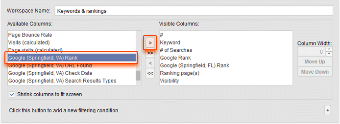 Adjusting columns in Rank Tracker