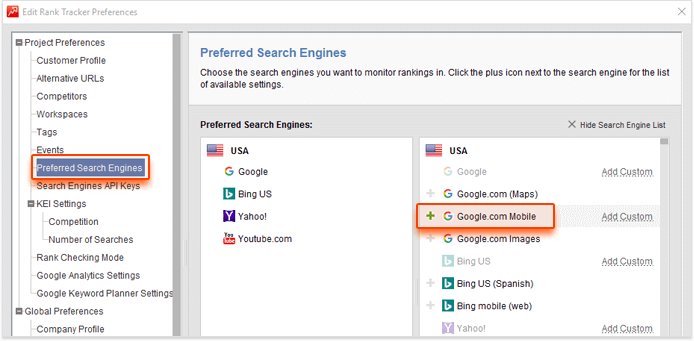Adding mobile search engines to Rank Tracker