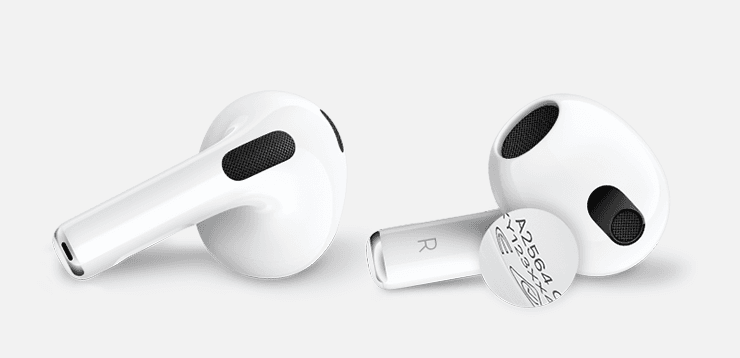 Lokacija broja modela na AirPods 3 slušalicama. Broj modela otisnut je na donjoj strani svake AirPods slušalice.