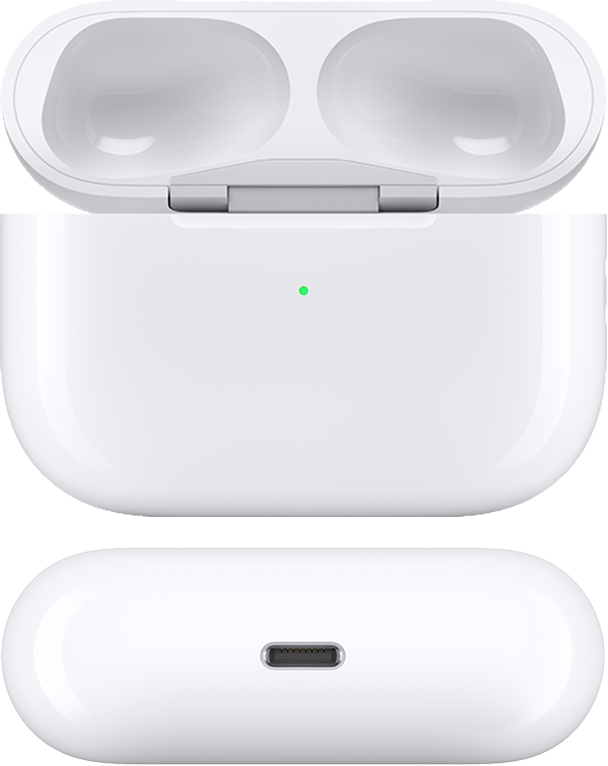 Θήκη φόρτισης MagSafe για AirPods Pro 1 με ανοιχτό καπάκι ενώ έχουν αφαιρεθεί τα AirPods, όπως φαίνεται από μπροστά και κάτω. Το κάτω μέρος της θήκης διαθέτει θύρα Lightning για φόρτιση και δεν υπάρχουν ηχεία.