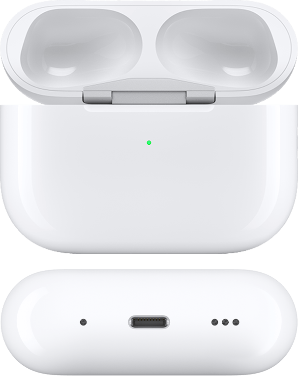 MagSafe-laddningsetui (Lightning) för AirPods Pro 2 med locket öppet och AirPods borttagna, sett framifrån och underifrån.