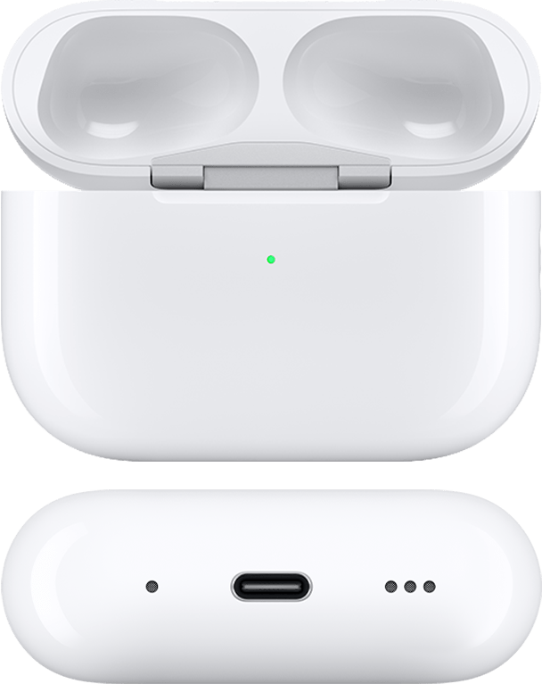 MagSafe-Ladecase (USB-C) für AirPods Pro 2 mit geöffnetem Deckel und entfernten AirPods, von vorne und unten gesehen.