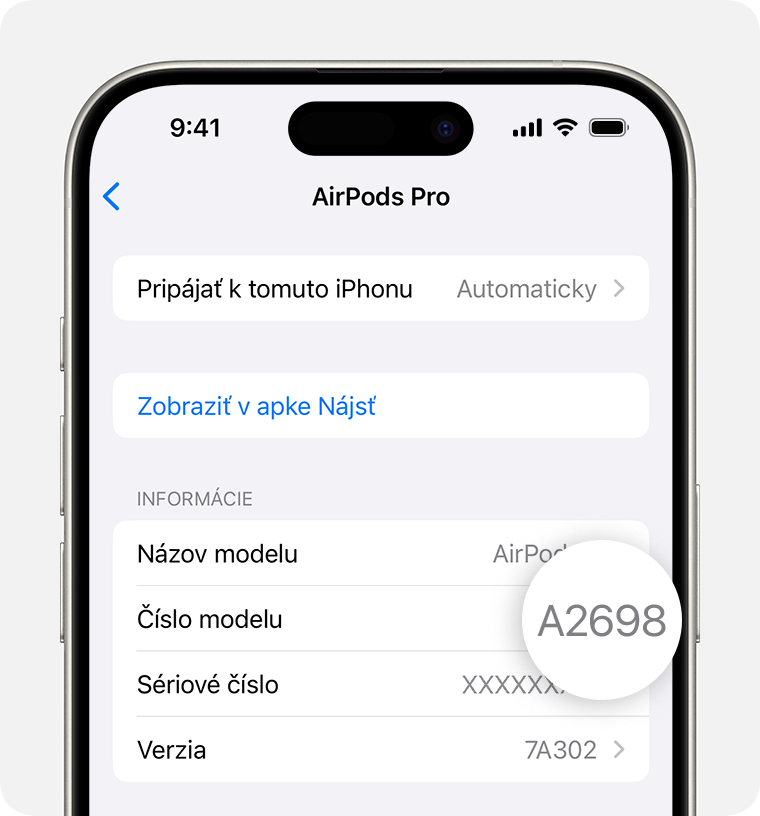 Číslo modelu slúchadiel AirPods Pro A2698 uvedené v Nastaveniach v iPhone.