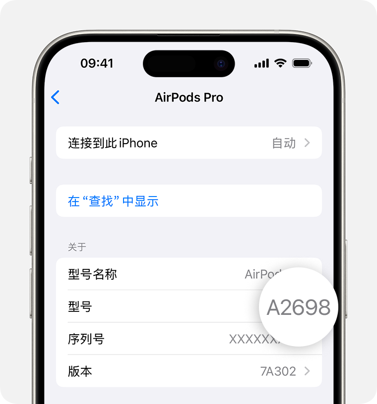 iPhone 上的“设置”中列出了 AirPods Pro 型号 A2698。