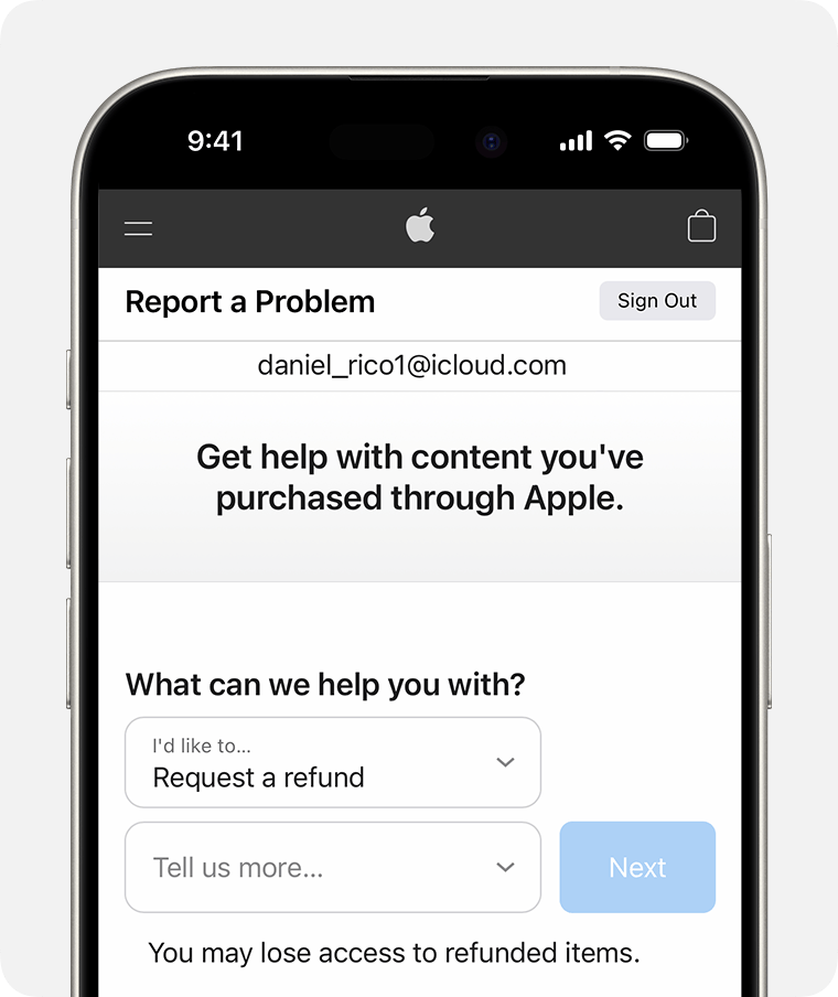 iPhone showing the Report a Problem website where you can request a refund. After you've chosen Request a refund, choose the reason why you're asking for the refund.