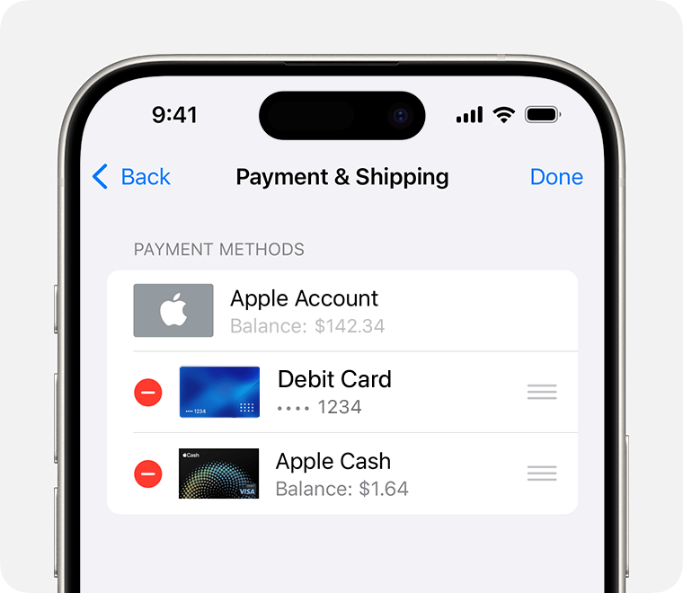 iPhone screen showing Payment & Shipping, list of Payment Methods.