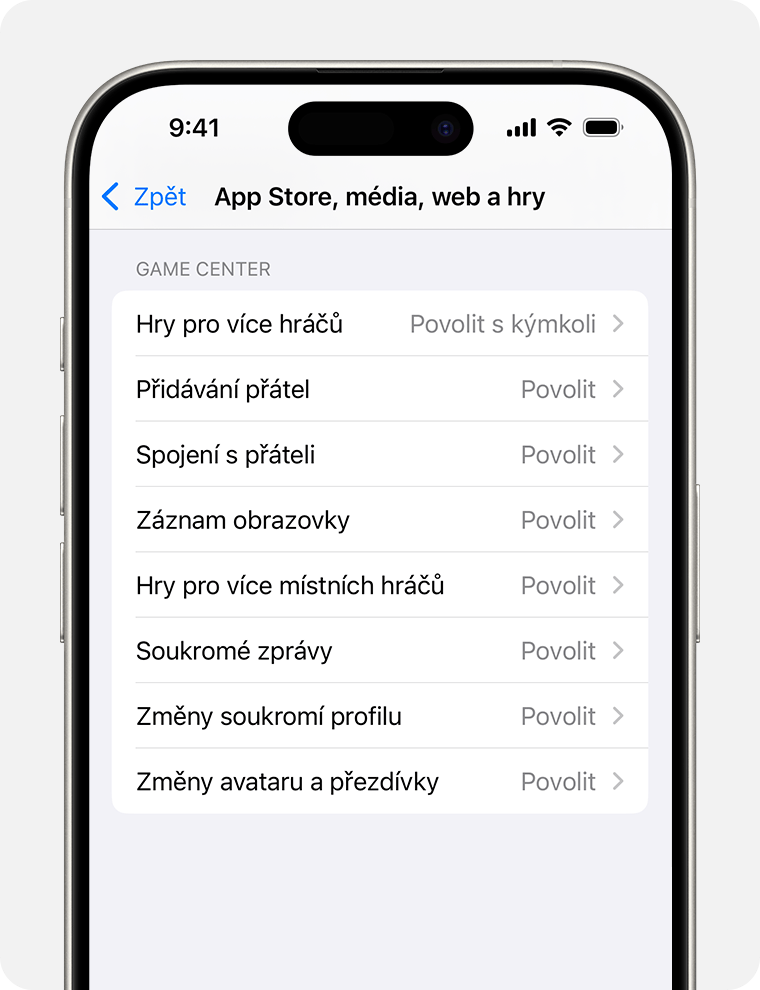 Obrazovka iPhonu zobrazující možnosti nabídky Omezení obsahu pro rodičovský dohled