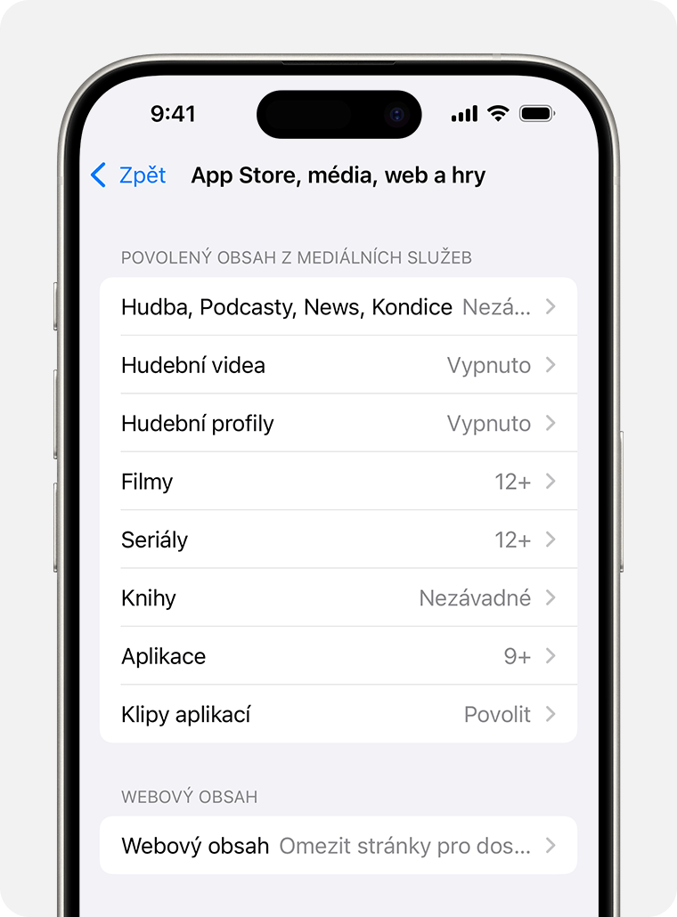 Obrazovka iPhonu zobrazující možnosti Omezení obsahu
