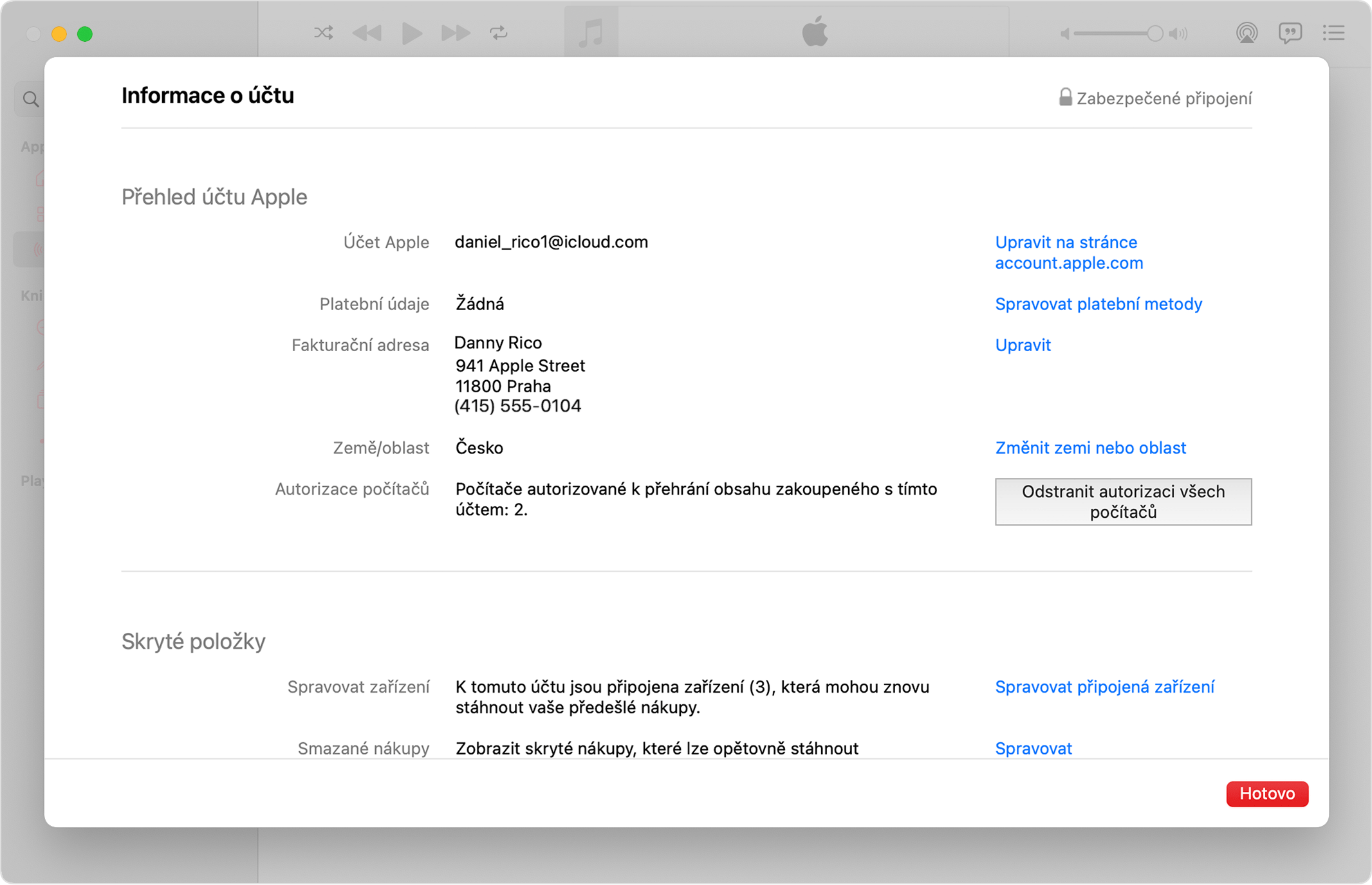 Aplikace Apple Music na Macu zobrazuje stránku s informacemi o účtu a počet autorizovaných počítačů