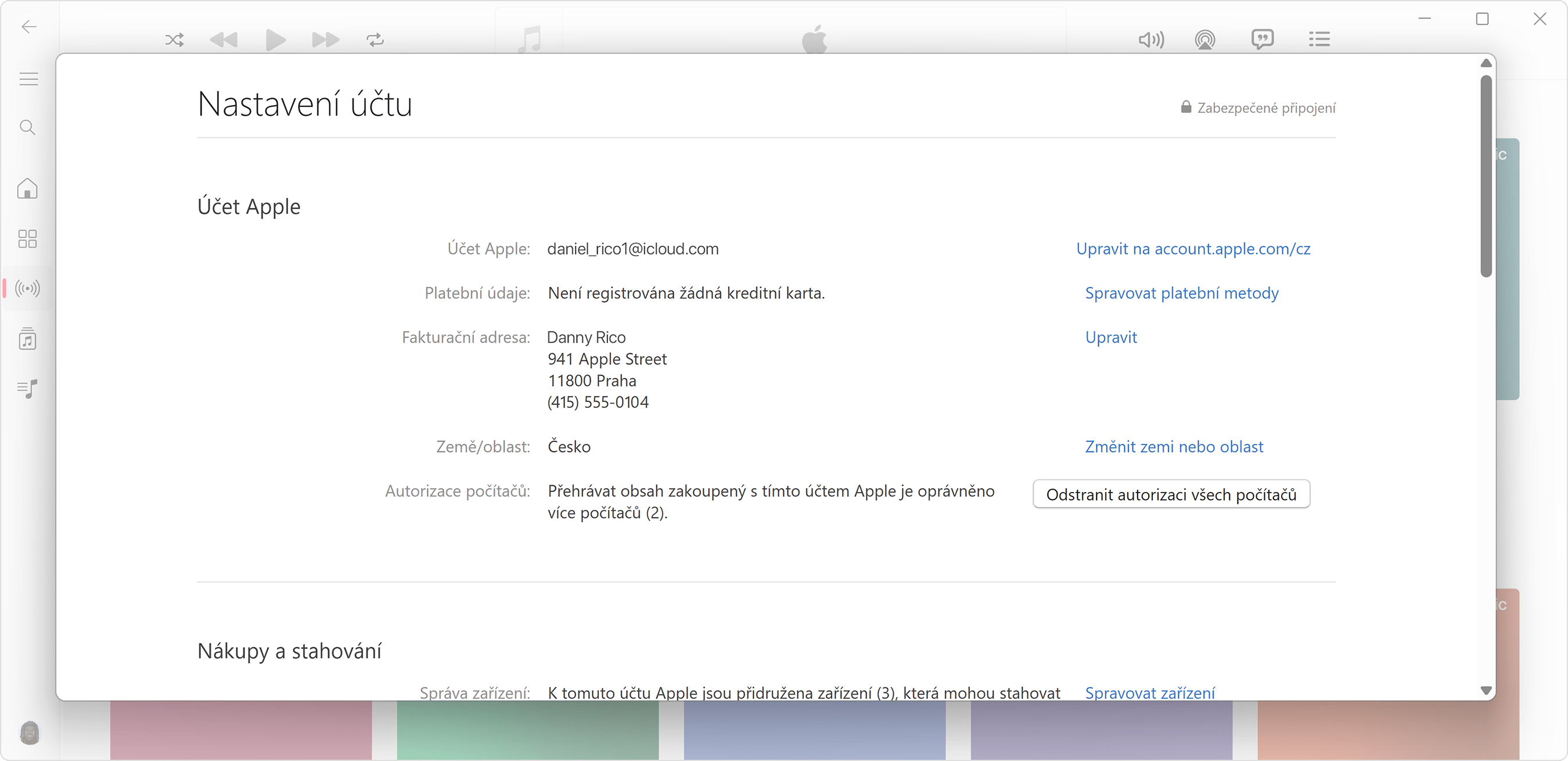 Aplikace Apple Music pro PC s Windows zobrazuje stránku s informacemi o účtu a počet autorizovaných počítačů