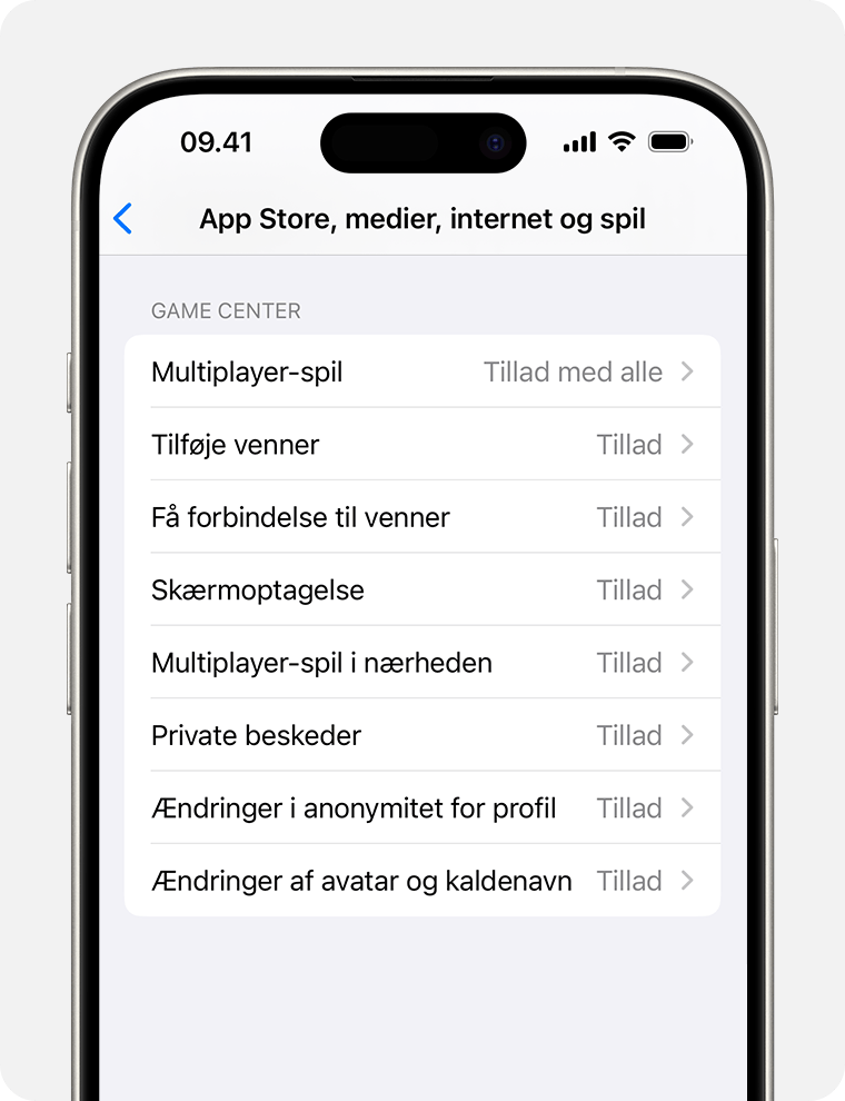 iPhone-skærm, der viser muligheder for Indholdsbegrænsninger for børnesikring