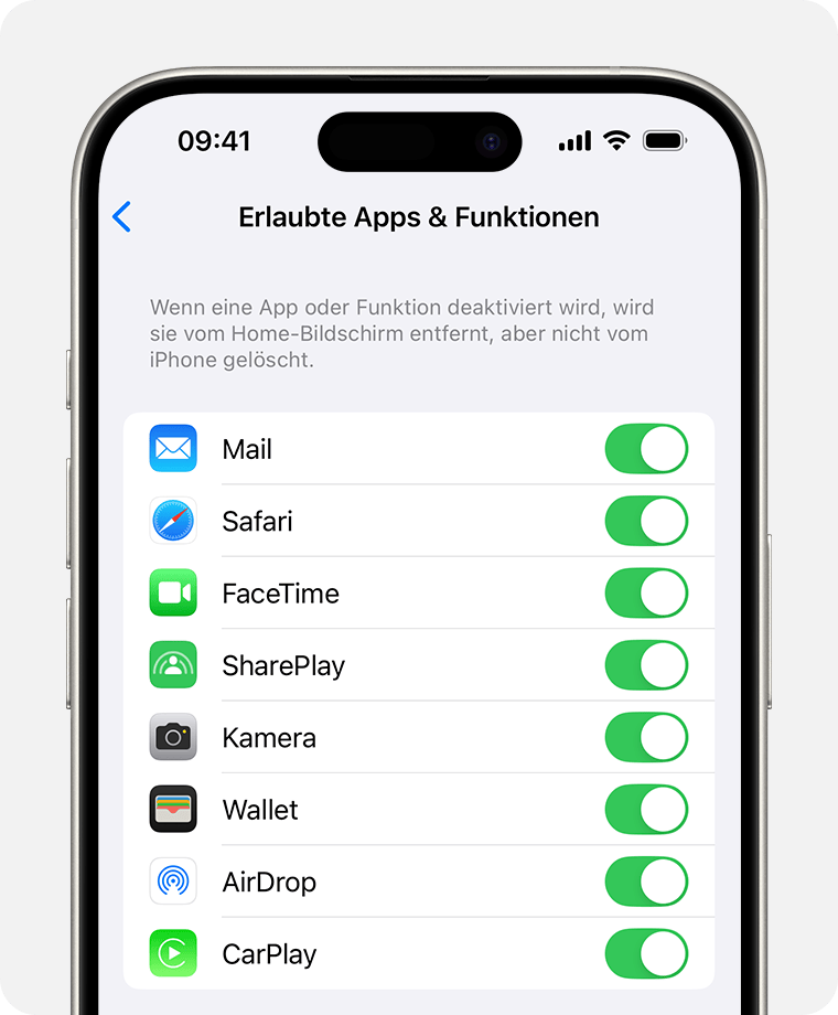 iPhone-Bildschirm, auf dem „Erlaubte Apps“ angezeigt wird