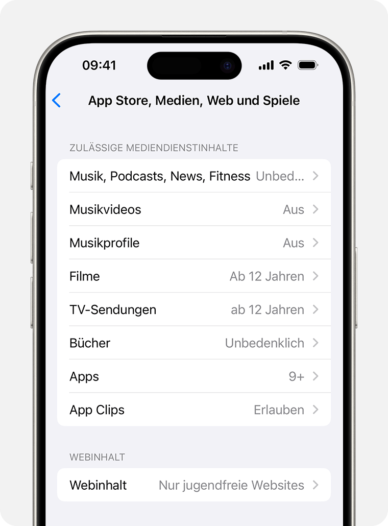 iPhone-Bildschirm, auf dem Optionen für „Inhaltsbeschränkungen“ angezeigt werden