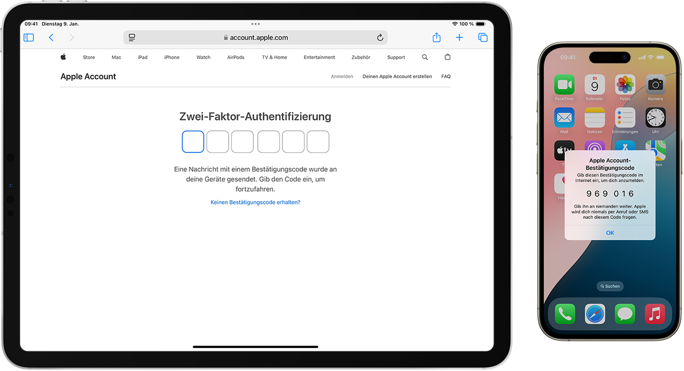 Eine Website, die zur Eingabe eines sechsstelligen Bestätigungscodes auffordert, und ein iPhone, das einen sechsstelligen Bestätigungscode anzeigt