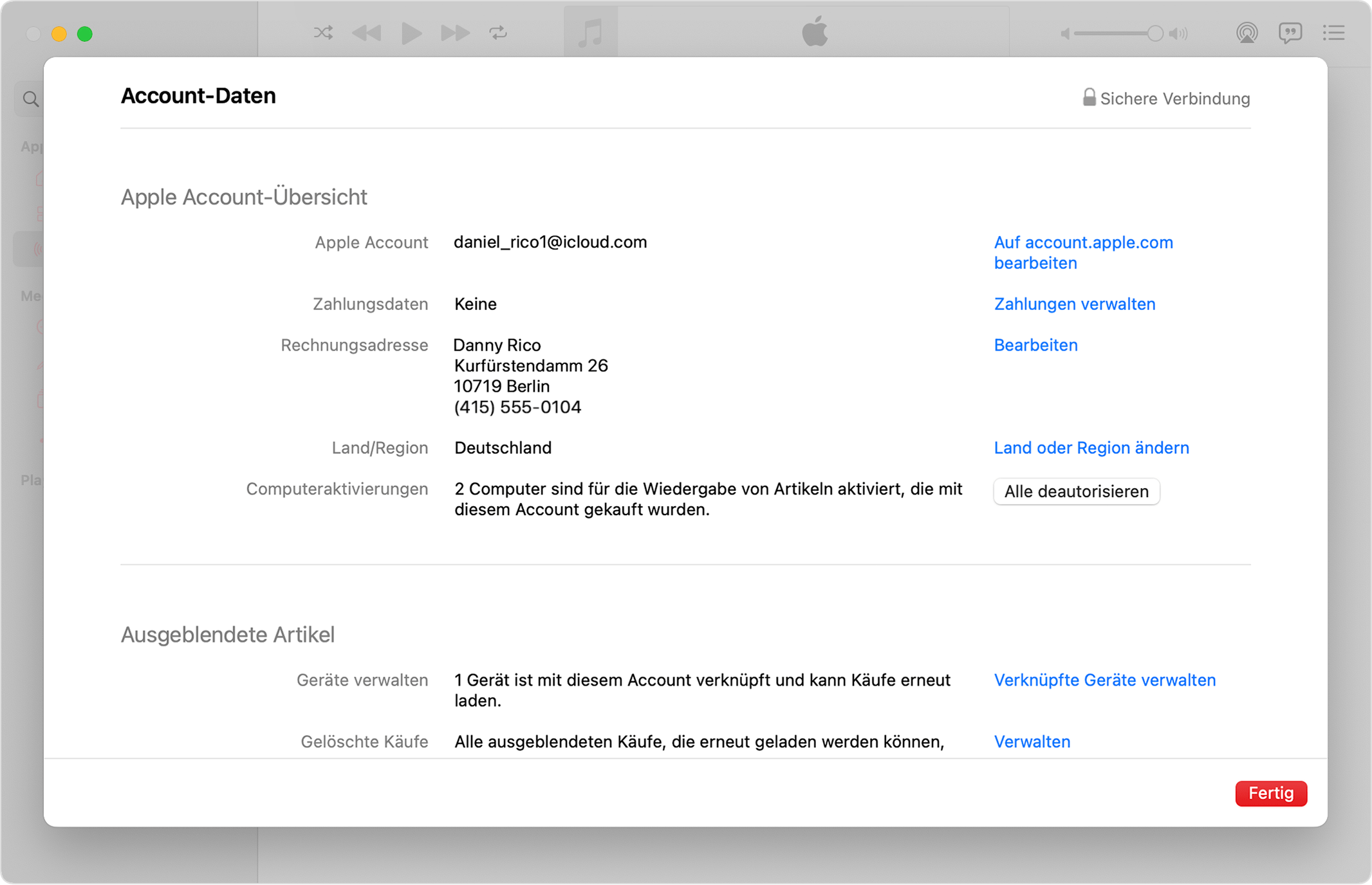 Apple Music-App auf dem Mac, die die Seite „Kontoinformationen“ und die Anzahl der autorisierten Computer anzeigt