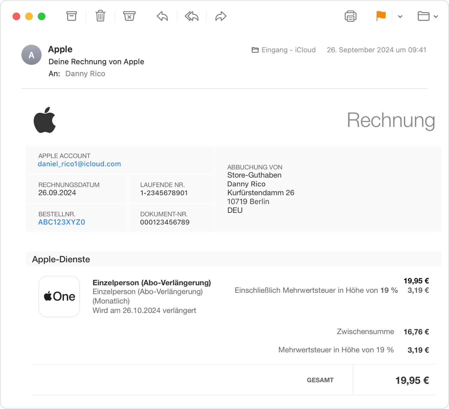 Eine E-Mail-Bestätigung für den Kauf eines Apple One-Abonnements.