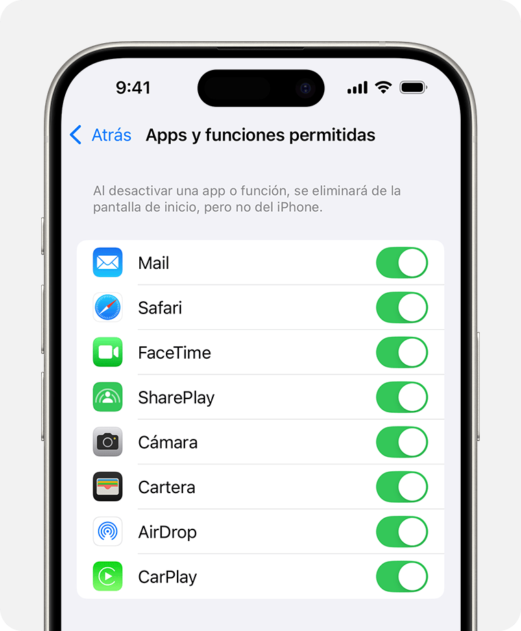 Pantalla de iPhone que muestra las apps permitidas