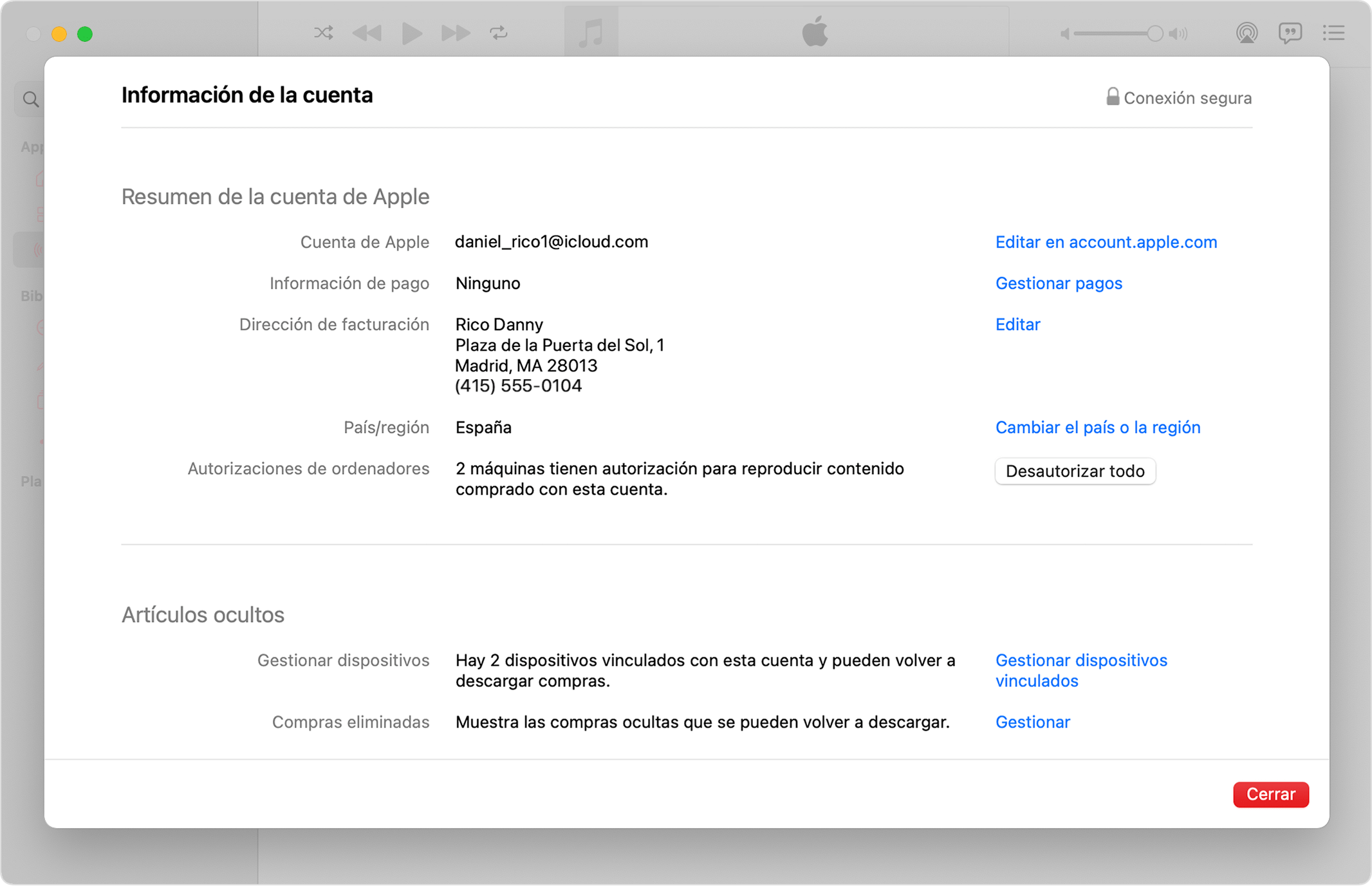 App Apple Music en un Mac que muestra la página Información de la cuenta y el número de ordenadores autorizados