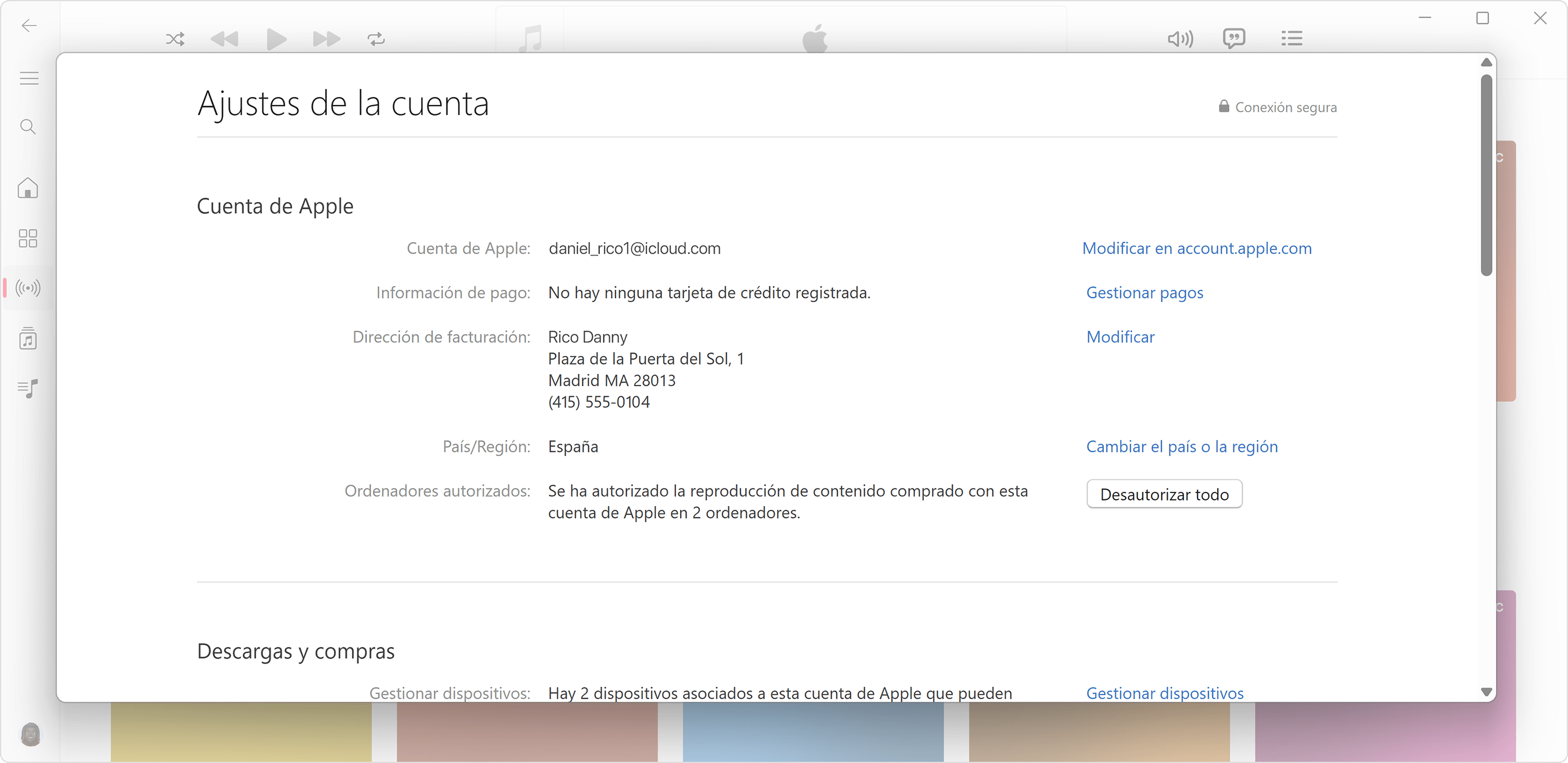 App Apple Music para un PC con Windows que muestra la página Información de la cuenta y cuántos ordenadores están autorizados