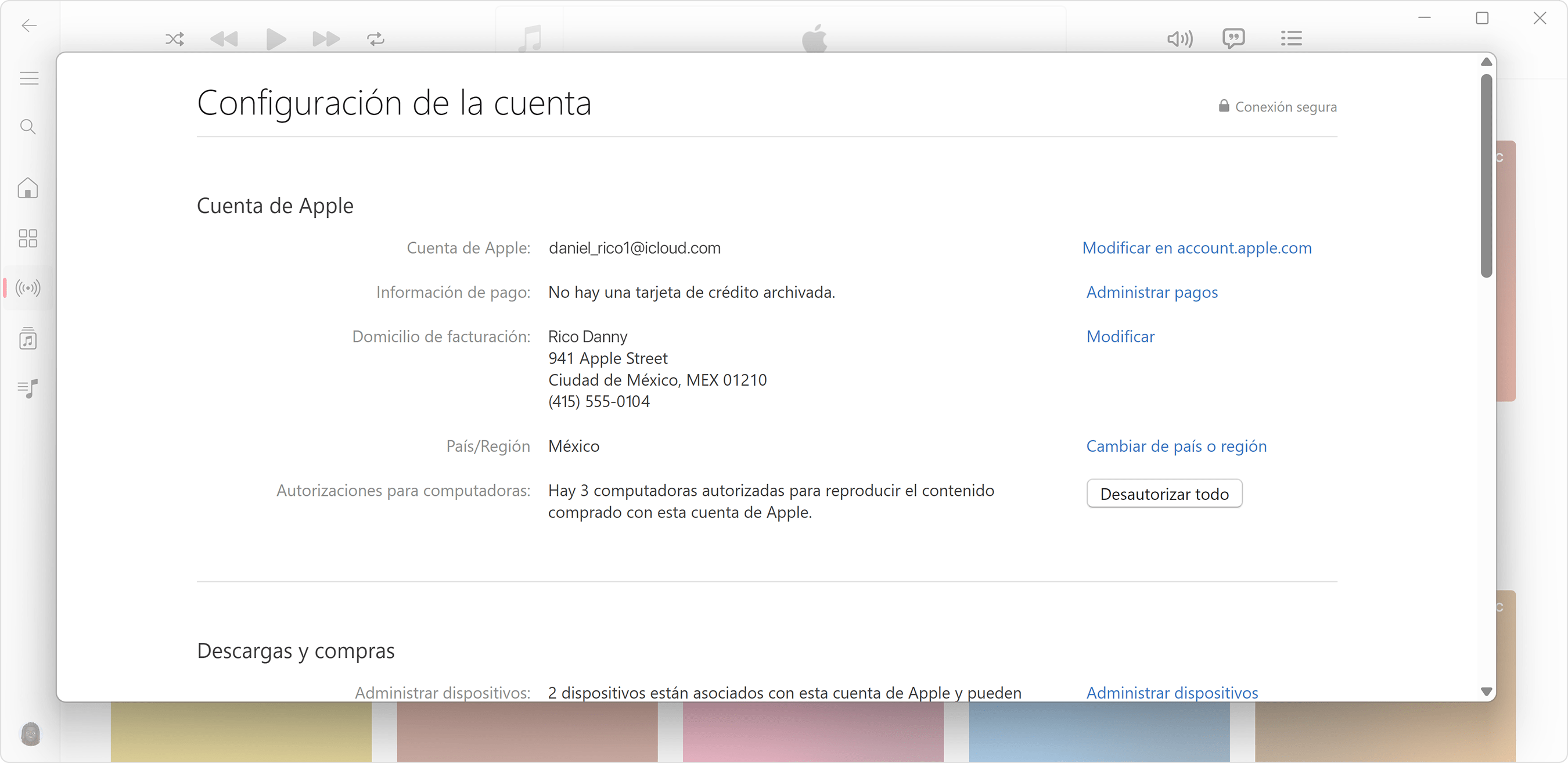La app Apple Music para PC con Windows en la que se muestra la página Información de la cuenta y el número de computadoras autorizadas
