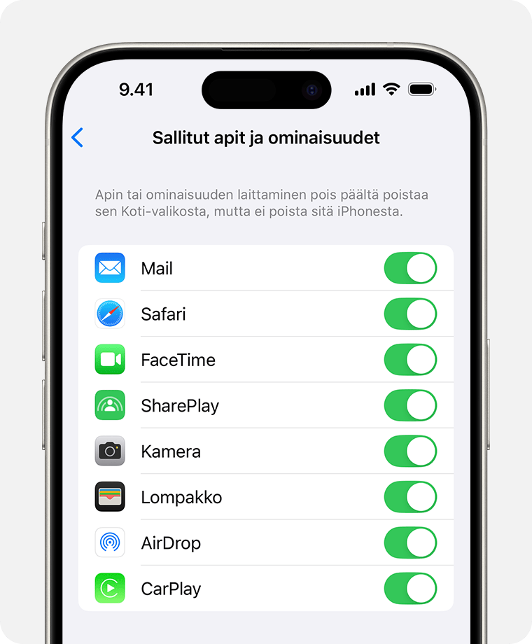 iPhonen näyttö, jossa näkyy Sallitut apit