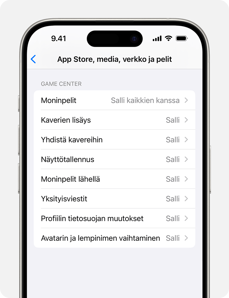 iPhonen näyttö, jossa näkyvät käyttörajoitusten Sisältörajoitukset