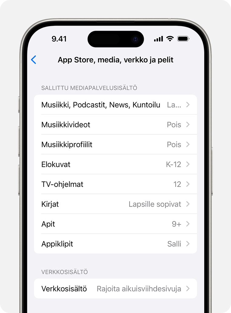 iPhonen näyttö, jossa näkyy Sisältörajoitukset-valinnat