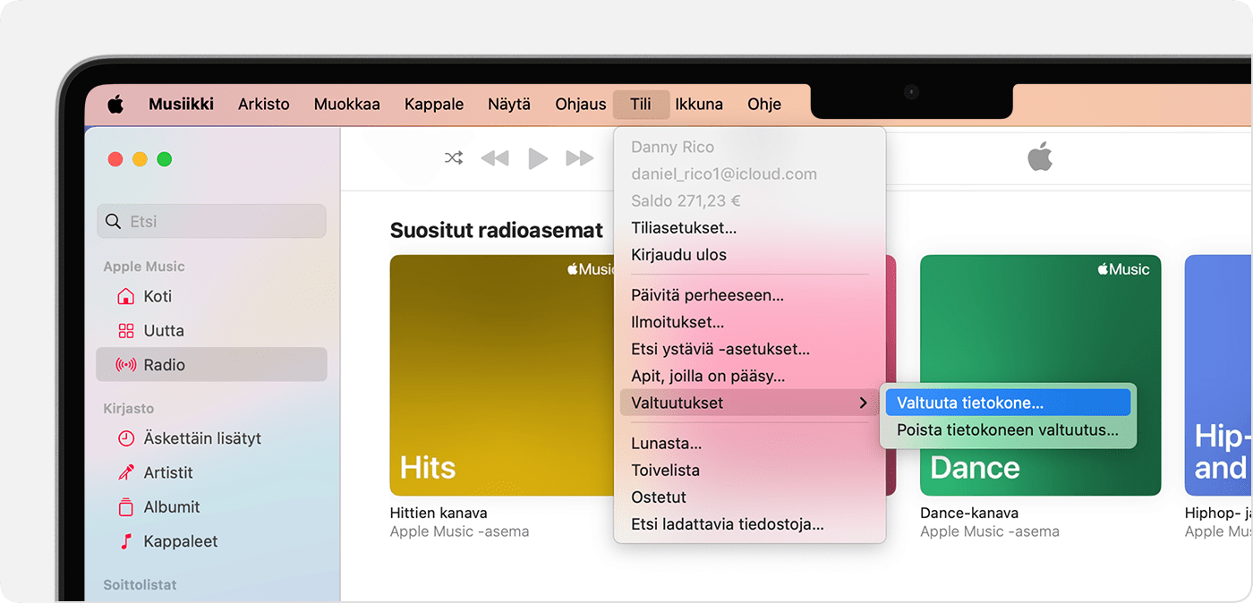 Apple Music -appi Macissa, jossa näkyy Valtuuta tietokone tai Poista tietokoneen valtuutus