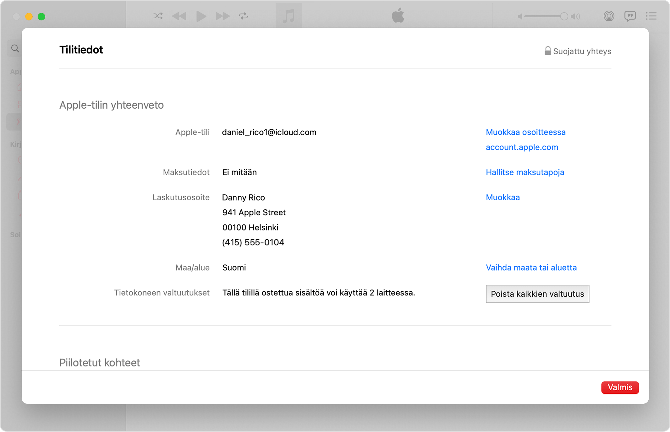 Apple Music -appi Macissa, jossa näkyy Tilin tiedot -sivu ja valtuutettujen tietokoneiden määrä