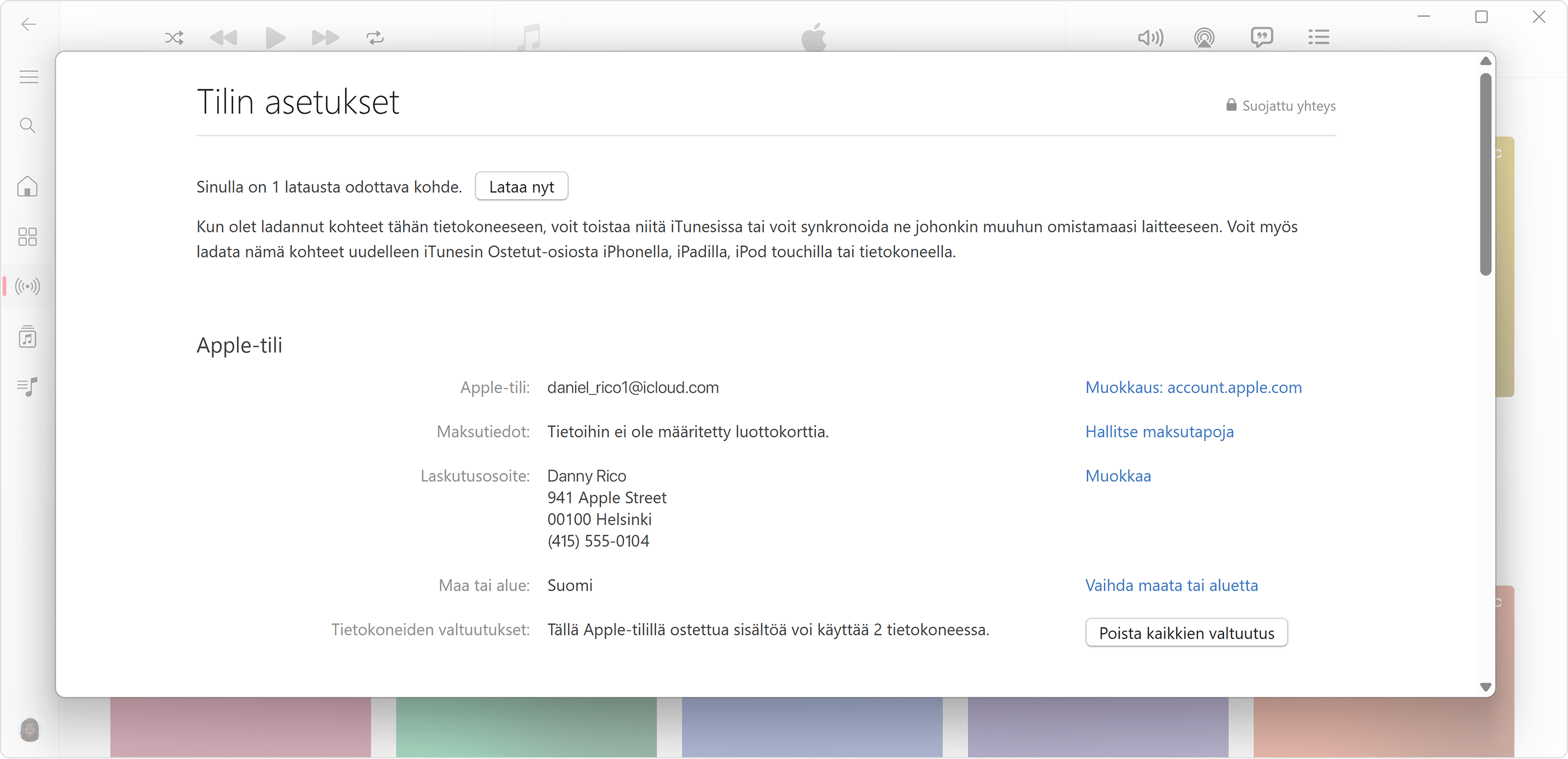 Apple Music -appi Windows-tietokoneen appi, jossa näkyy Tilin tiedot -sivu ja valtuutettujen tietokoneiden määrä