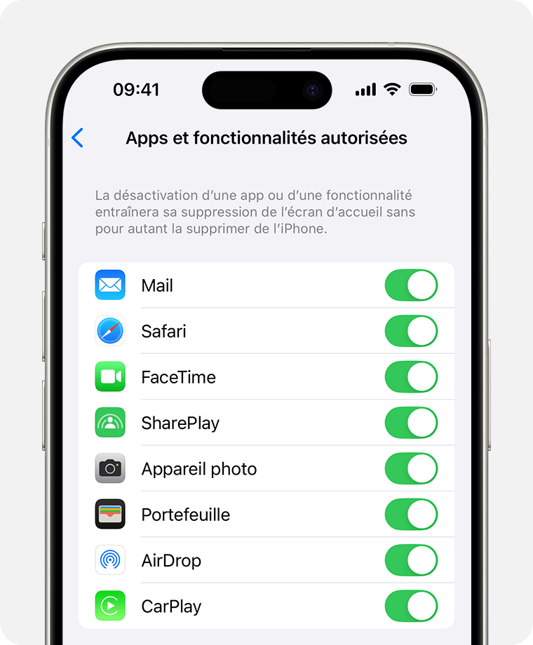 Écran d’iPhone affichant les apps autorisées