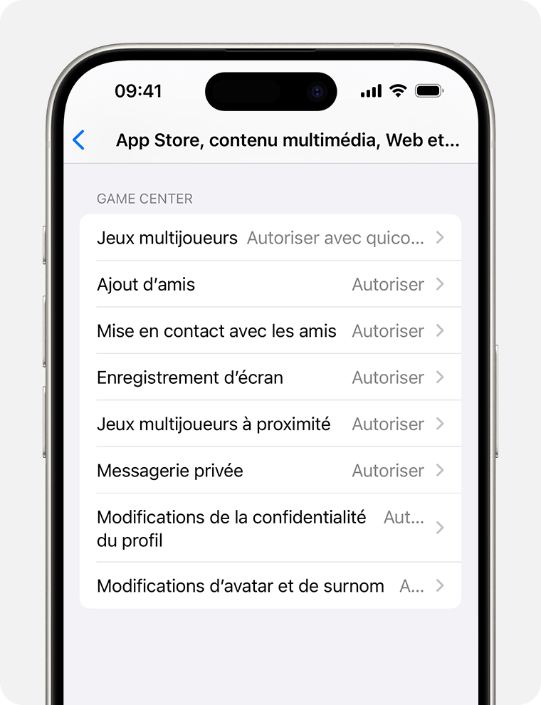 Écran d’iPhone affichant les restrictions de contenu pour le contrôle parental