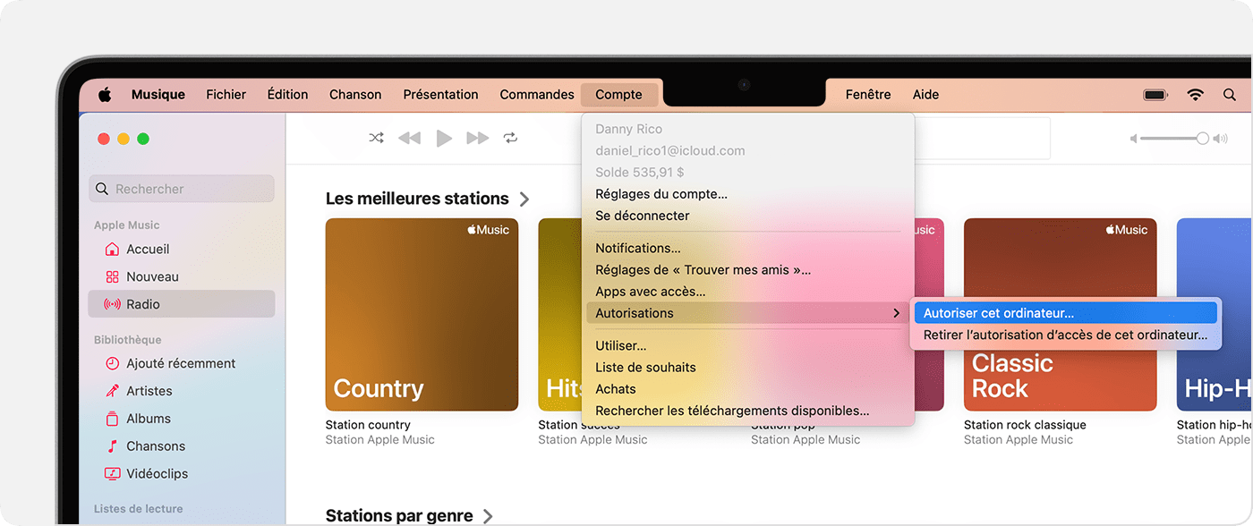 L’app Apple Music sur Mac affiche Autoriser cet ordinateur ou Retirer l’autorisation de cet ordinateur