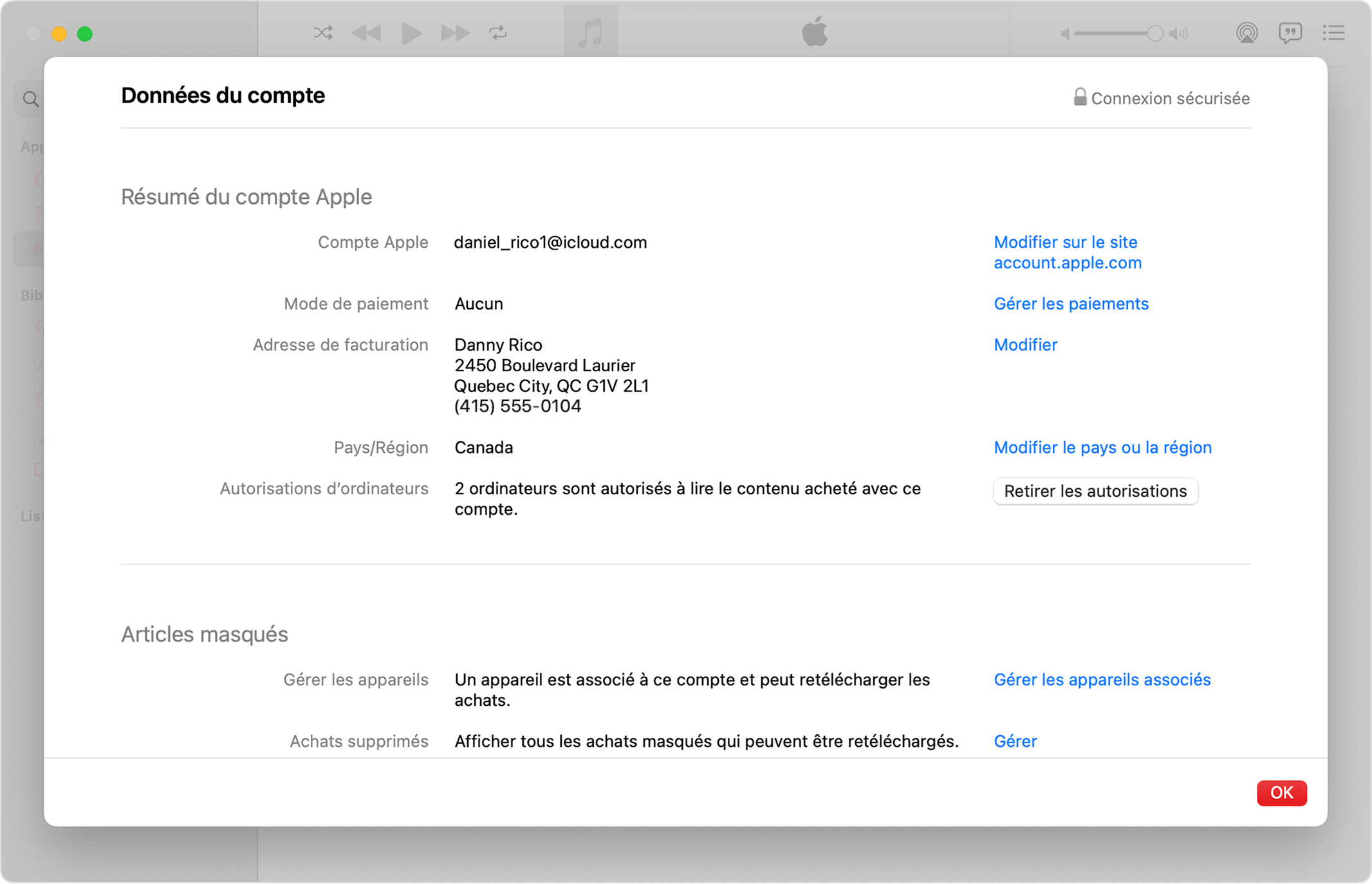 L’app Apple Music sur Mac affiche la page Données du compte et le bouton Retirer l’autorisation de tous les ordinateurs