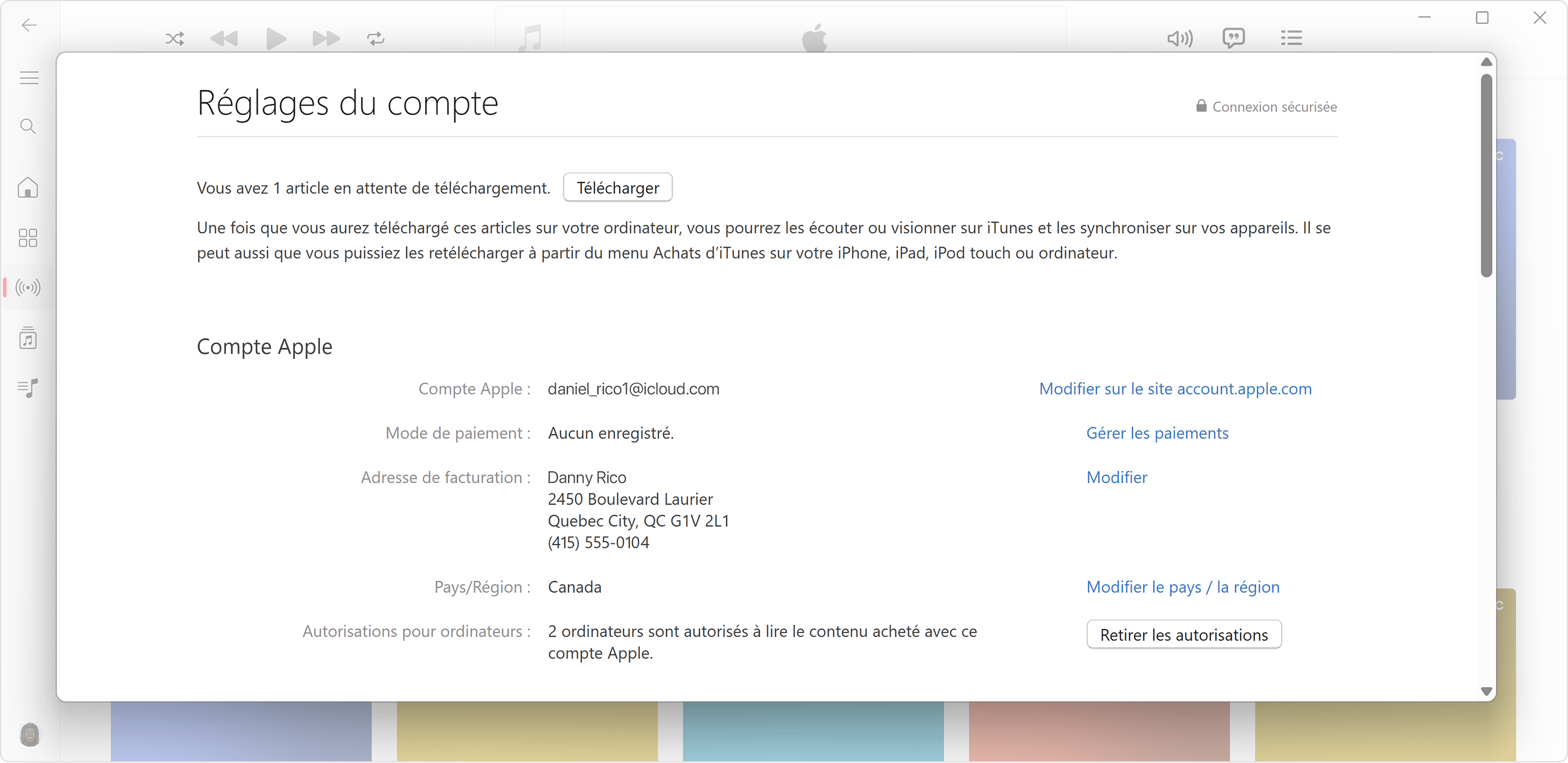 L’app Apple Music pour PC Windows affiche la page Données du compte et le nombre d’ordinateurs autorisés