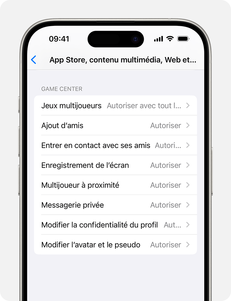 Écran d’iPhone présentant les options de restriction de contenu pour le contrôle parental