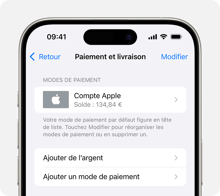 Écran d’iPhone montrant les réglages Paiement et livraison d’un compte Apple. Pour ajouter un mode de paiement, touchez Ajouter un mode de paiement.