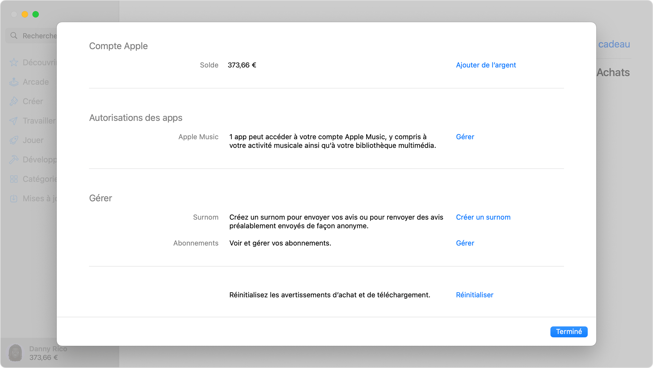 Réglages du compte Apple dans l’App Store sur Mac.