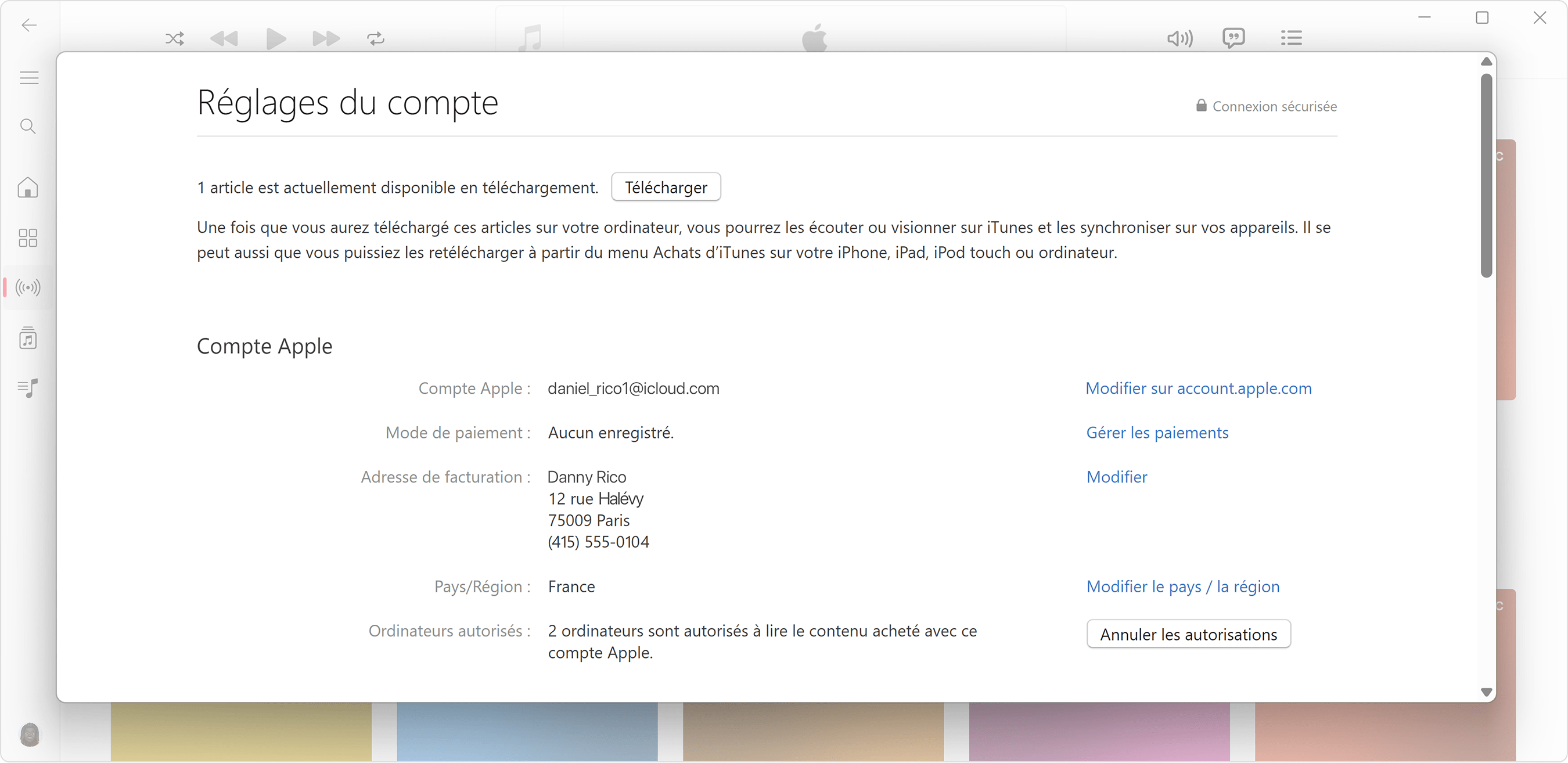 App Apple Music sur un PC Windows présentant la page Données du compte et le nombre d’ordinateurs autorisés