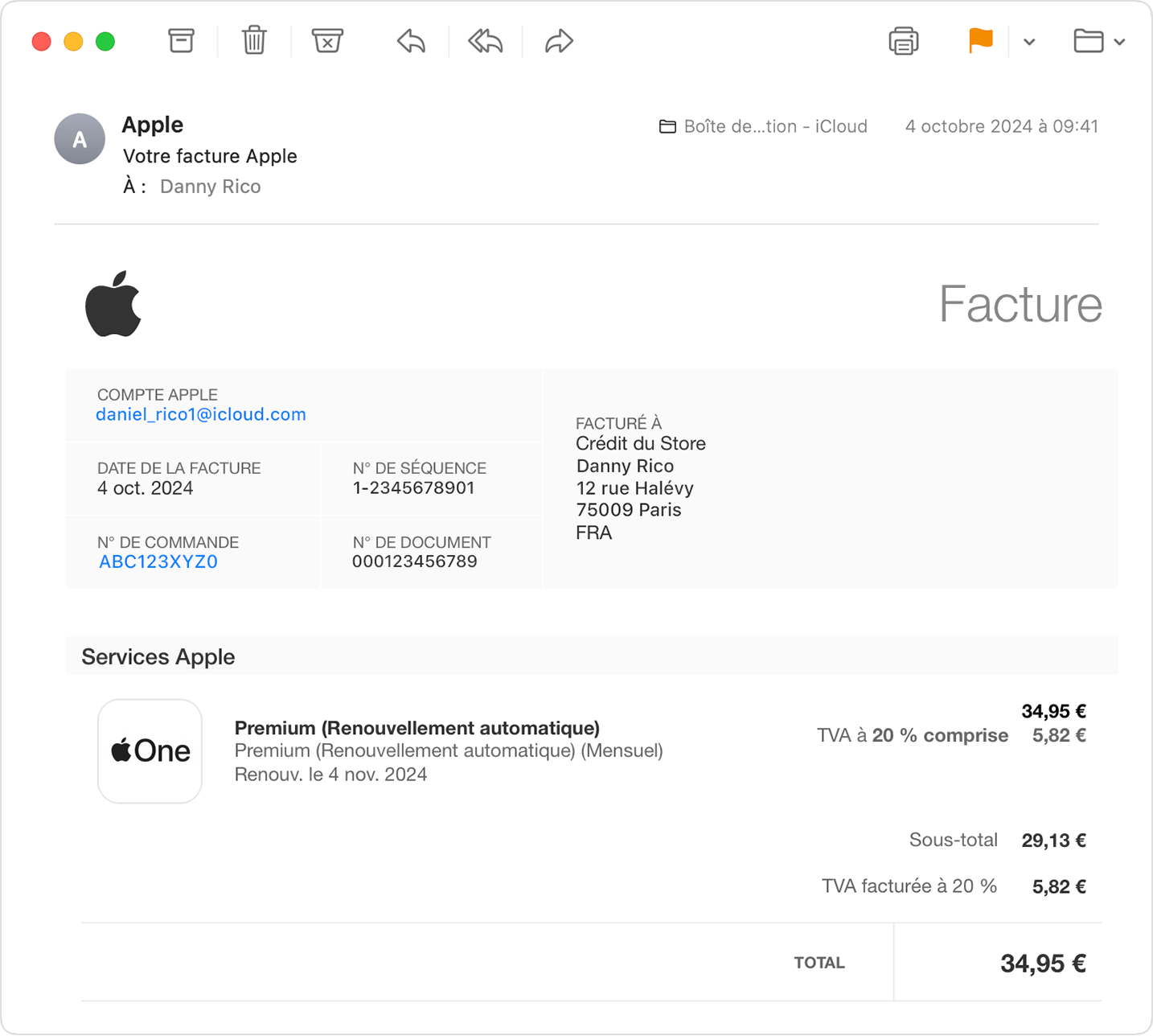 Facture d’Apple reçue par e-mail. Le compte Apple associé à l’achat est affiché avec les informations de facturation.