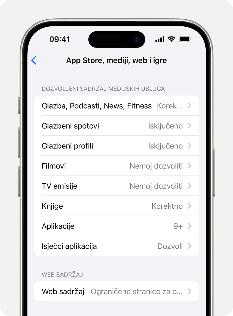 iPhone zaslon s opcijama Ograničenja sadržaja