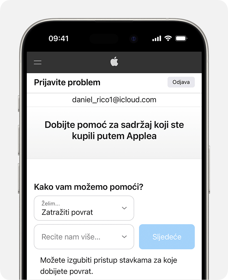 iPhone s prikazom web-mjesta Prijavi problem, na kojem možete zatražiti povrat novca. Nakon što odaberete Zatražiti povrat, odaberite razlog zahtjeva za povrat novca.