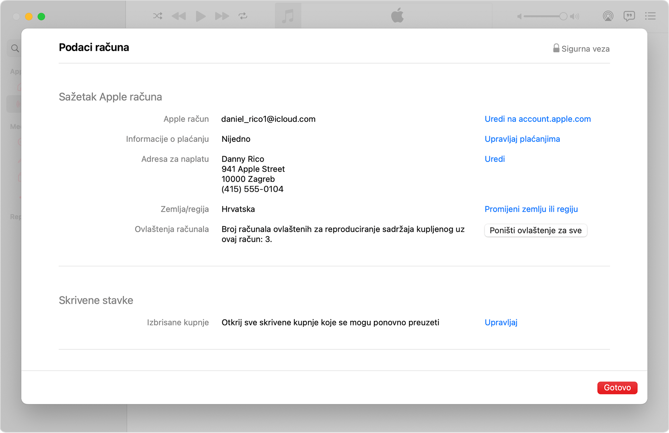 Aplikacija Apple Music na Mac računalu koja prikazuje stranicu Podaci o računu i gumb Poništi ovlaštenje za sve