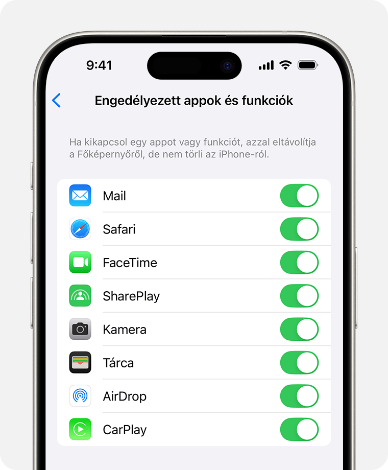 Egy iPhone képernyője, amelyen az Engedélyezett alkalmazások opció látható