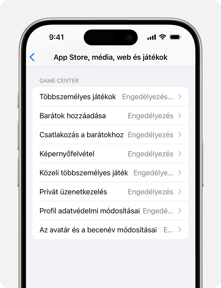 Egy iPhone képernyője, amelyen a szülői felügyelethez tartozó tartalmakkal kapcsolatos korlátozások láthatók