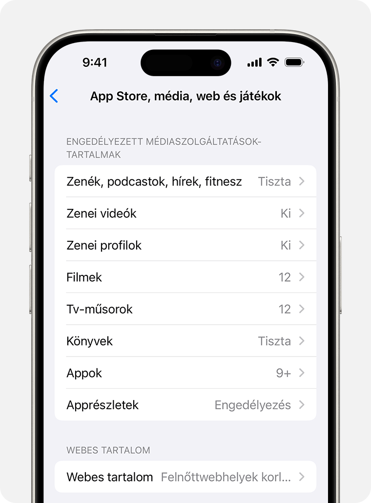 Egy iPhone képernyője, amelyen a tartalmi korlátozásoknál elérhető opciók láthatók